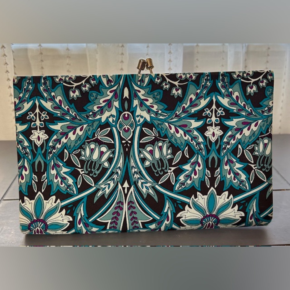 Teal Floral Patterned Clutch Wallet - Women's Bag
